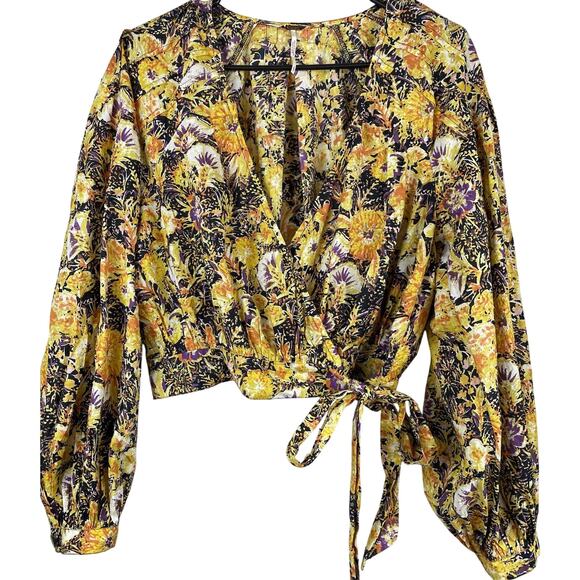 NWOT Free People Sz S Party Playlist Wrap Balloon Slv Yellow Black Cotton Top - Picture 3 of 13
